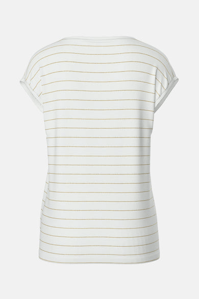T-shirt à manches courtes blanc de PIECES®, rayures dorées horizontales, manches à revers.
