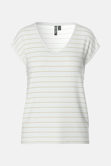 T-shirt blanc à manches courtes de PIECES®, rayures fines dorées horizontales, col en V.