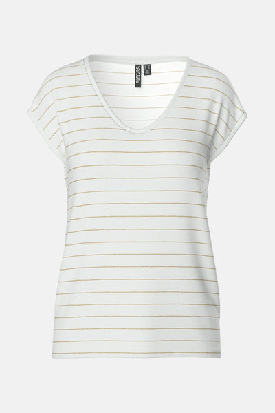 T-shirt blanc à manches courtes de PIECES®, rayures fines dorées horizontales, col en V.