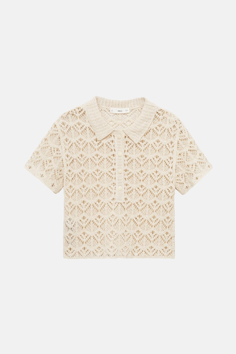 Beige trui met ronde hals van MANGO, in ajourgebreid met knoopsluiting.