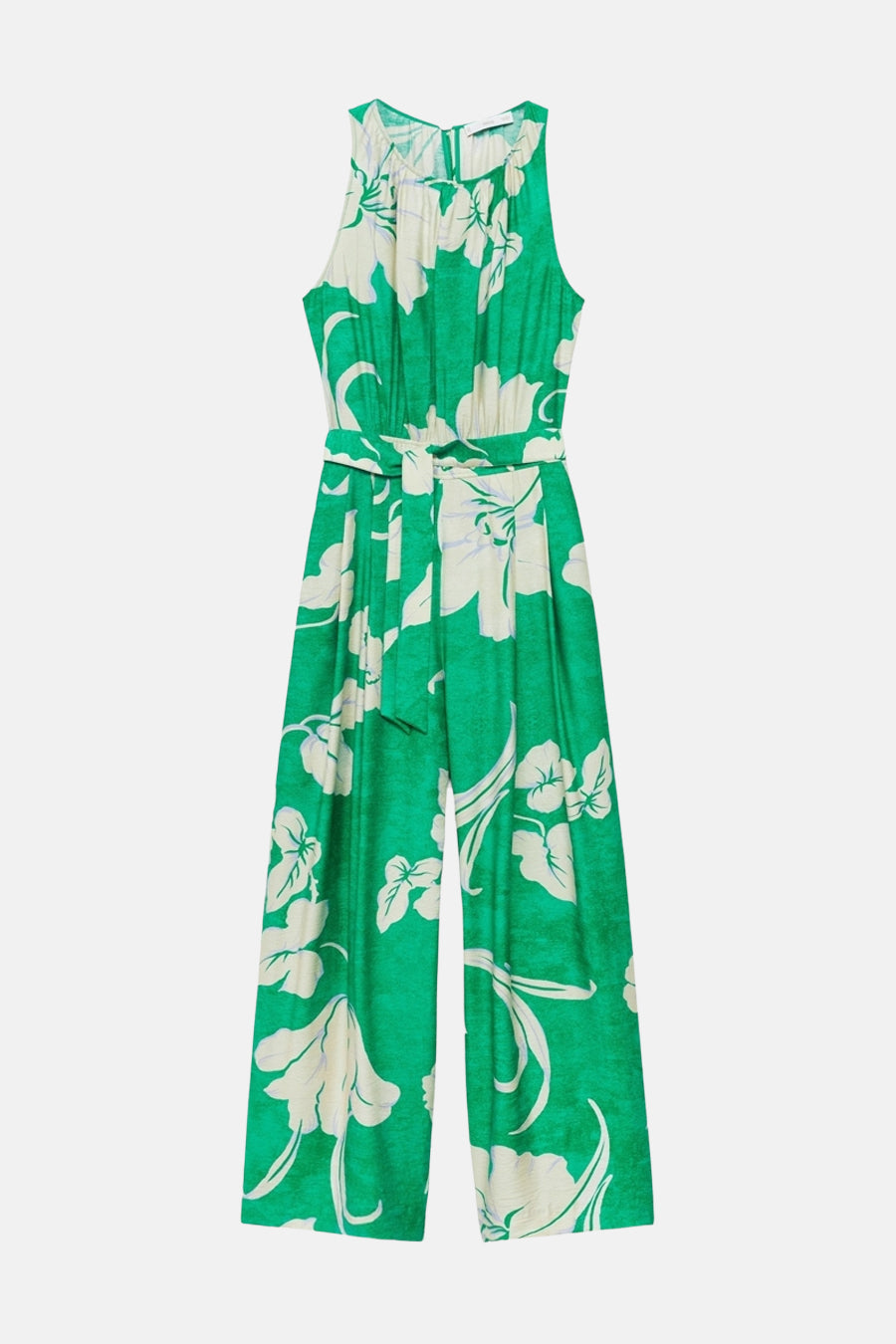 Groen jumpsuit met bloemenprint van MANGO, met strikceintuur en wijde pijpen.