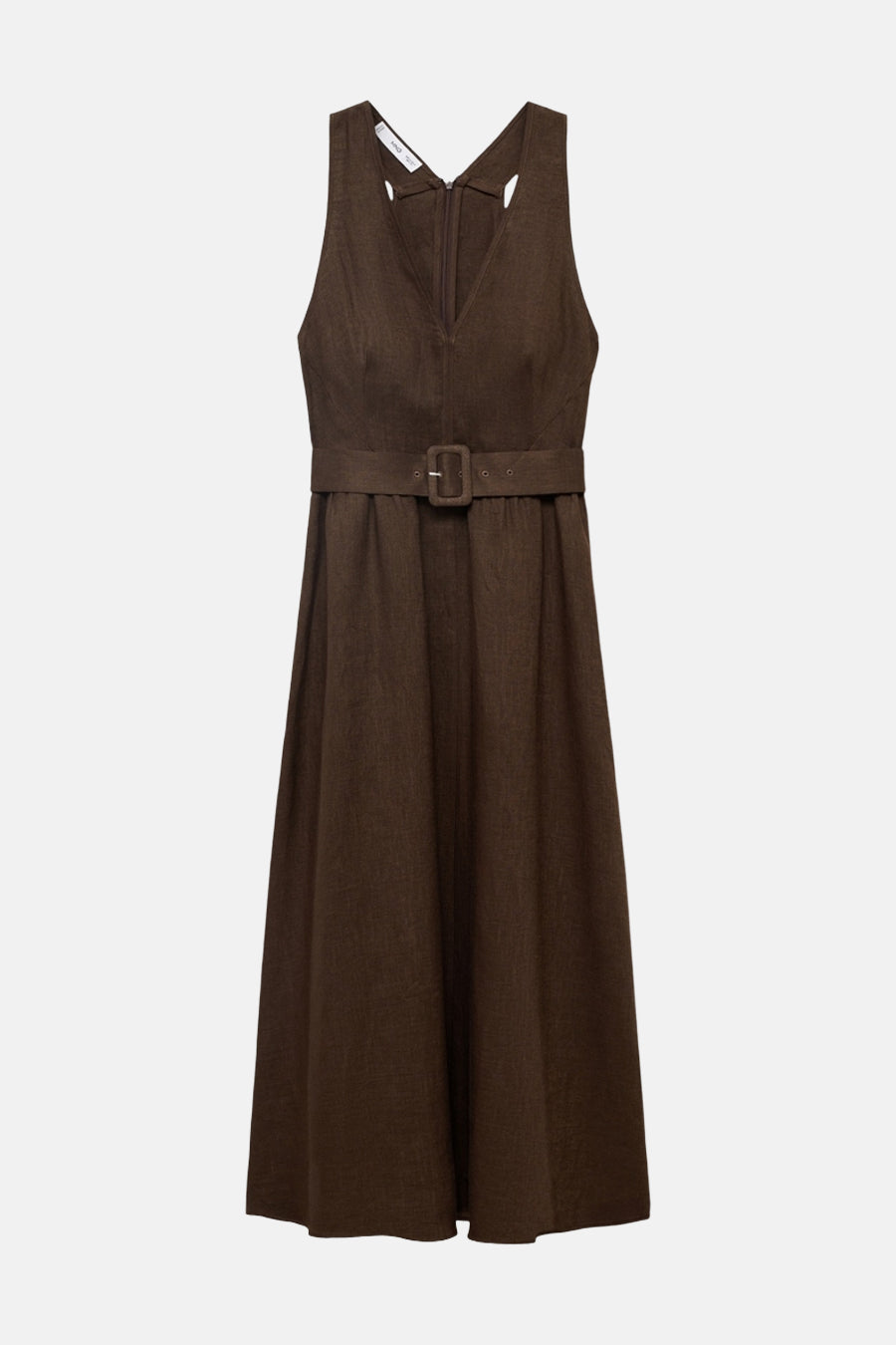 Robe marron by MANGO, avec ceinture à boucle et fermeture éclair dans le dos.