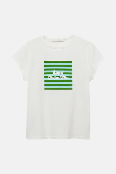 Wit T-shirt met korte mouwen van MANGO met groene en blauwe strepen en de tekst "Capri Dolce Vita".