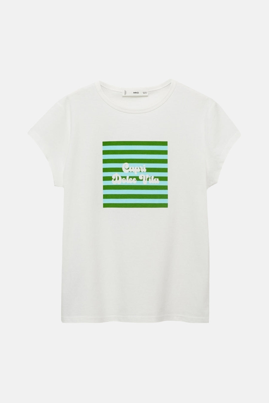 Wit T-shirt met korte mouwen van MANGO met groene en blauwe strepen en de tekst "Capri Dolce Vita".