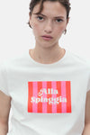Wit T-shirt met korte mouwen van MANGO, met een roze en rode streepprint op de voorkant.