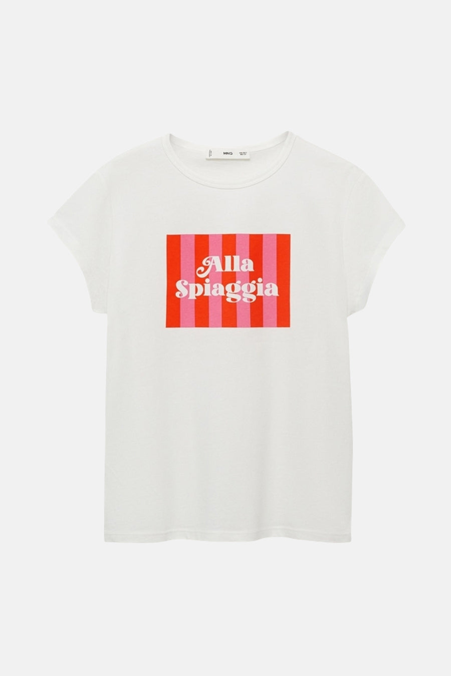 Wit T-shirt met korte mouwen van MANGO met gestreept patroon en opschrift "Alla Spiaggia".