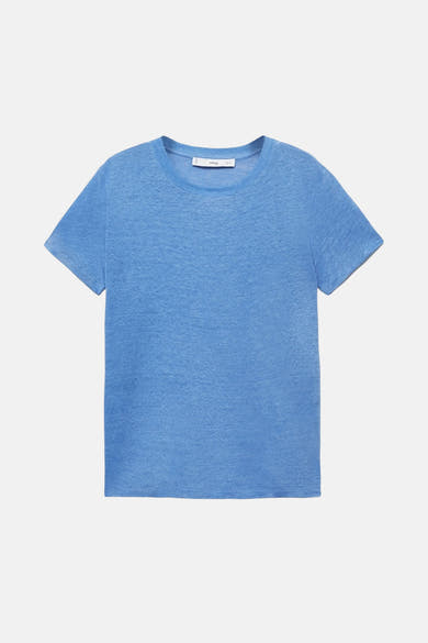 Blauw T-shirt met korte mouwen van MANGO, met een fijne textuur en een eenvoudige ronde hals.