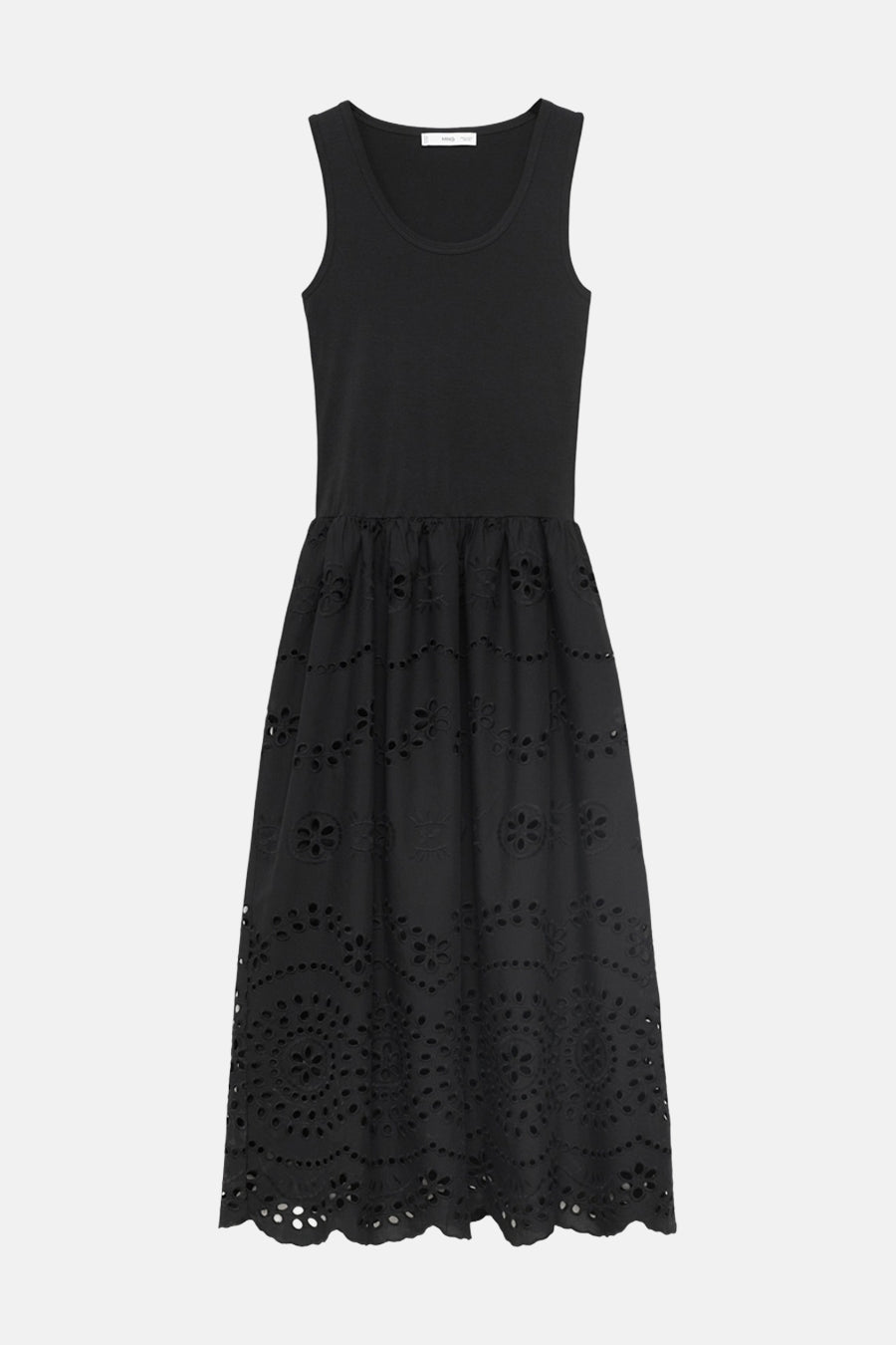 Zwarte MANGO jurk met geborduurde rok met bloemenpatroon, midi-snit.
