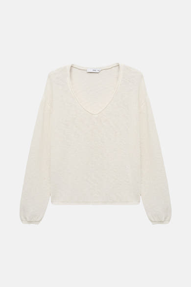 Pull à col en V blanc de MANGO, en maille texturée légère avec manches longues bouffantes.