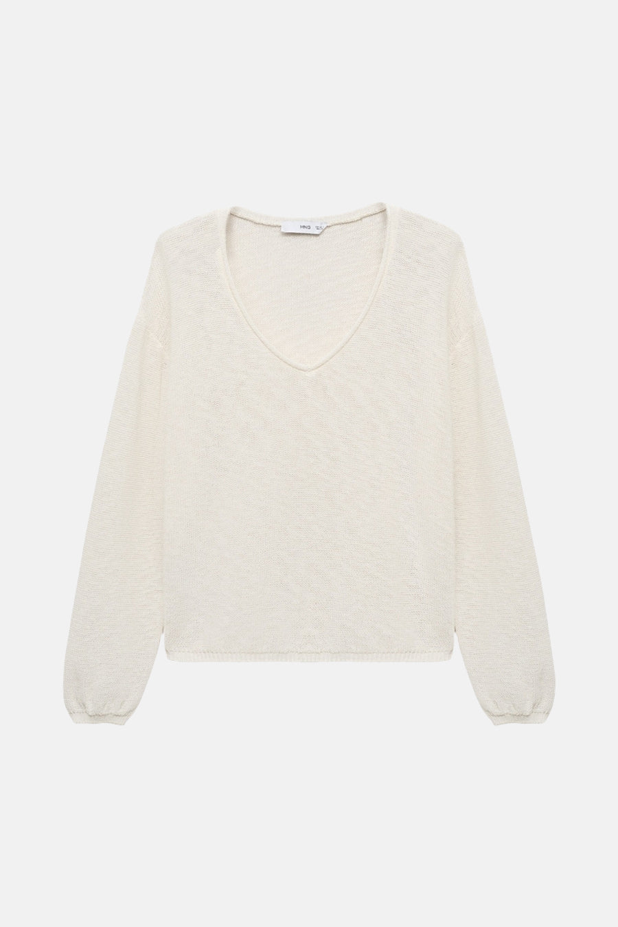 Pull à col en V blanc de MANGO, en maille texturée légère avec manches longues bouffantes.