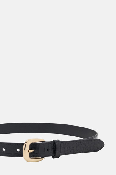 Ceinture noire en cuir de MANGO avec boucle dorée et effet croco.