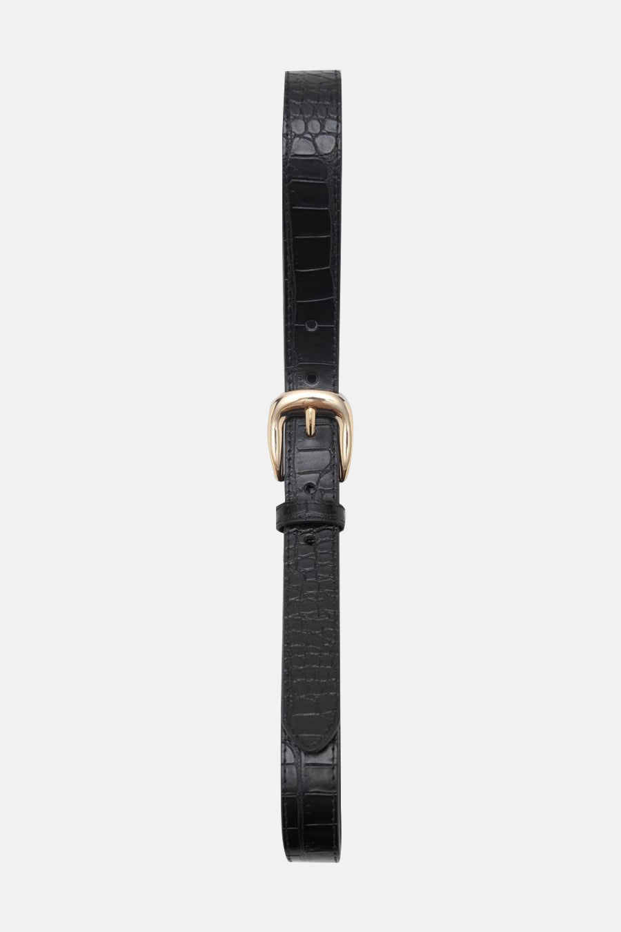 Zwarte croco-imitatie leren riem van MANGO, met een klassieke gouden gesp.