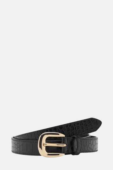 Ceinture noire en similicuir by MANGO, avec une boucle dorée et une texture crocodile visible.
