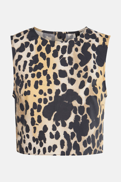 Beige mouwloos hemd van MANGO, met een all-over zwart-beige luipaardprint.