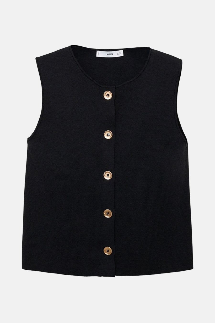 Blouse noire sans manches de MANGO, à boutons dorés sur fond uni.
