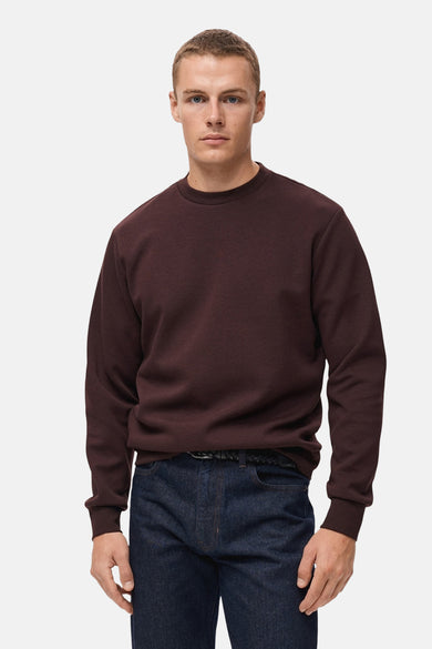Bruine trui van MANGO, gedragen met een donkerblauwe jeans en een zwarte gevlochten riem.