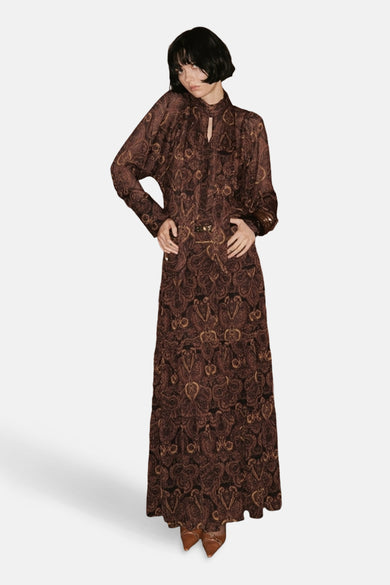 Lange bruine rok van MANGO, paisleyprint met decoratieve riem.