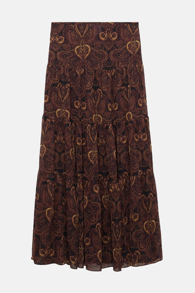 Jupe longue marron à motifs cachemire par MANGO, à trois niveaux avec des détails dorés.