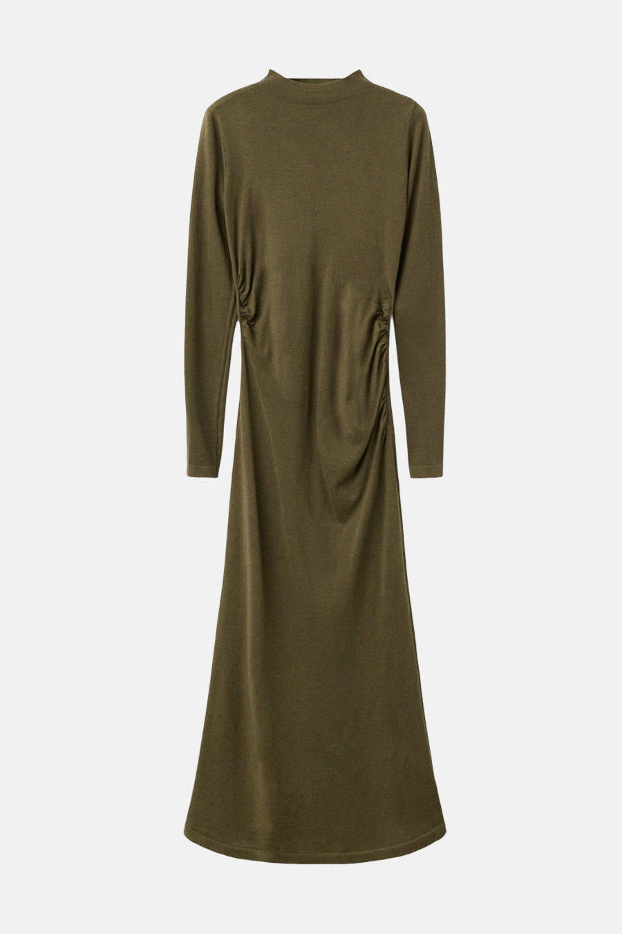 Robe kaki à manches longues de MANGO, avec des fronces sur les côtés.