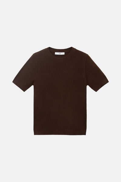 T-shirt uni à manches courtes marron de MANGO, en maille fine, col rond.