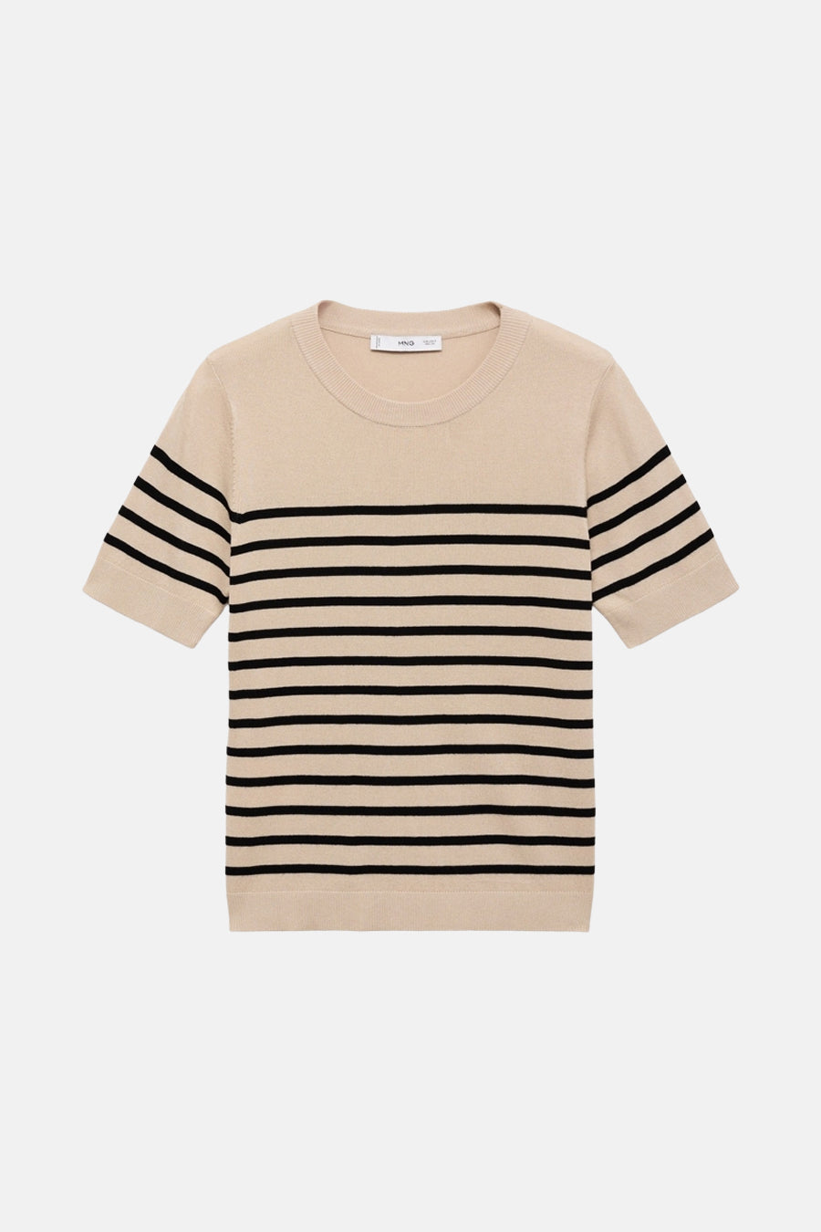 Beige T-shirt met zwarte strepen van MANGO, met korte mouwen en ronde hals, op een lichte achtergrond.