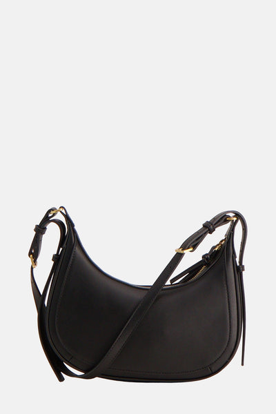 Sac à main noir de MANGO, avec bandoulière ajustable et fermeture éclair dorée visible.