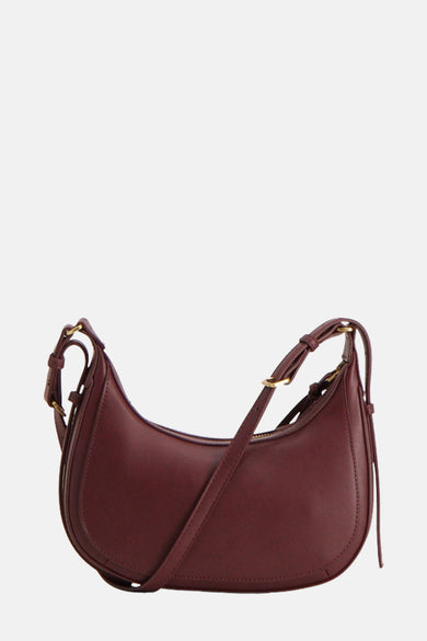 Bordeaux handtas van MANGO, met een verstelbare schouderriem en gouden metalen details.