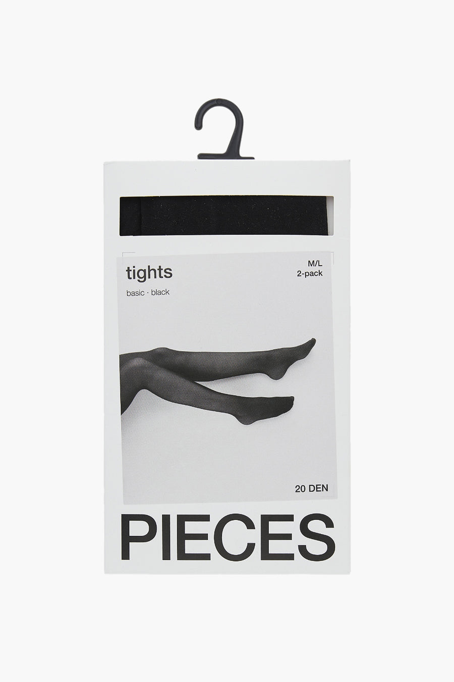 Zwarte basispanty's van PIECES, gepresenteerd in een witte verpakking met een foto van benen die de panty's dragen.