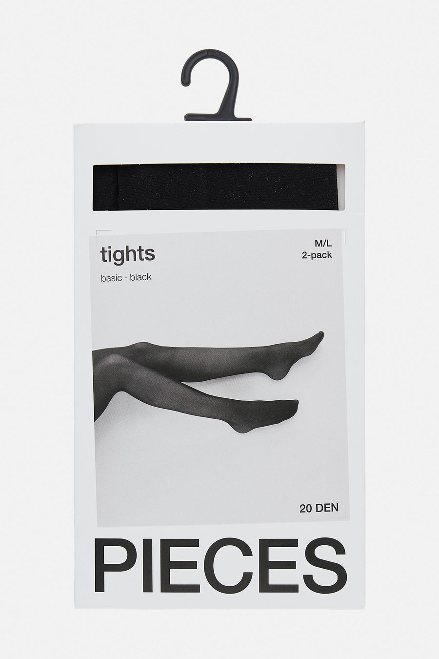 Zwarte basispanty's van PIECES, gepresenteerd op een witte verpakking met een afbeelding van benen die de panty's dragen.
