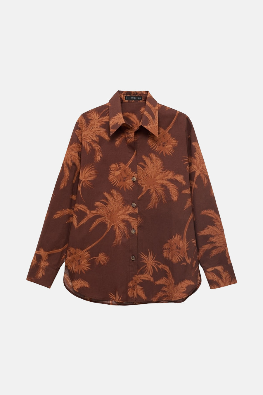 Bruin overhemd met lange mouwen van MANGO, met contrasterende palmboomprint en knoopsluiting.