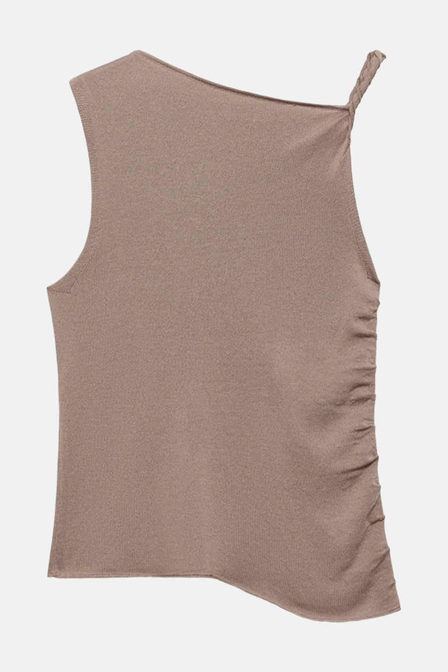 Top beige sans manches de MANGO, avec une bretelle tressée et un effet froncé sur le côté.

