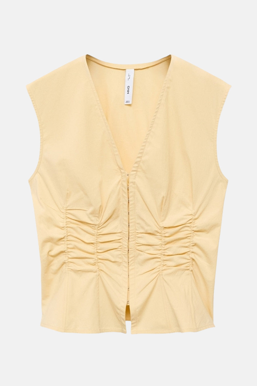 Gele mouwloze blouse van MANGO, met ritssluiting aan de voorkant en geplooid effect.