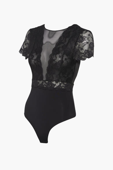 Body noir de PIECES® en dentelle florale transparente sur le haut avec manches courtes.