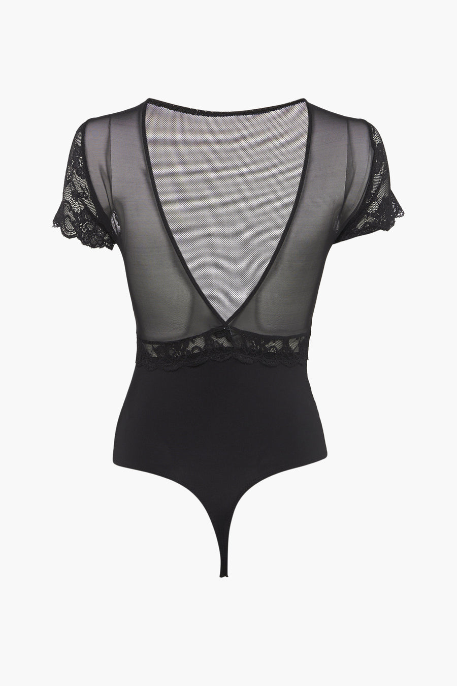 Body noir de PIECES®, avec manches courtes en dentelle et partie supérieure en tulle fin.