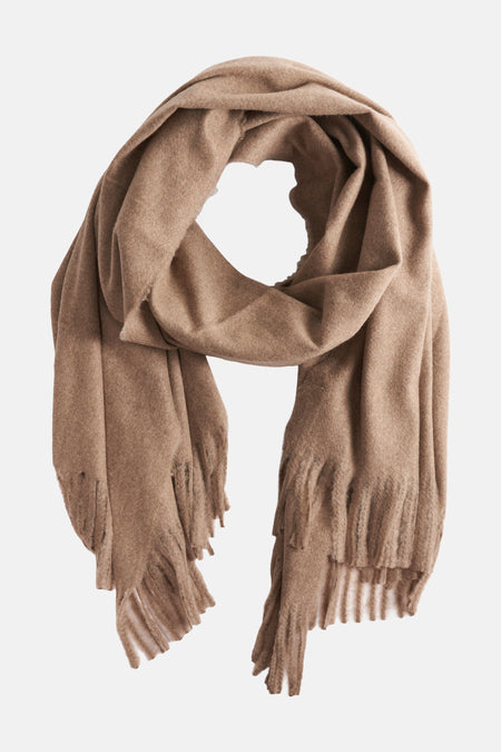 Beige sjaal van MANGO met dikke franjes, zachte textuur en soepel vallend.