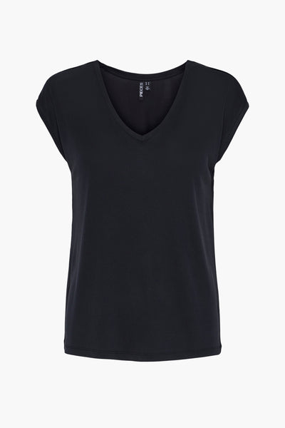 Zwart T-shirt met V-hals van PIECES, rechte pasvorm met comfortabele korte mouwen.