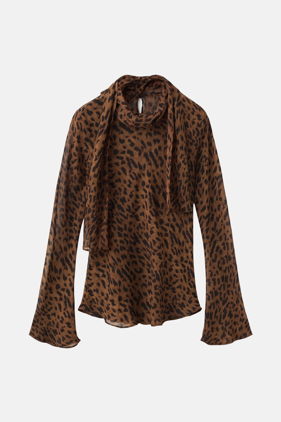 Bruine met lange mouwen in bruin van MANGO, luipaardprint en opstaande kraag met strik.