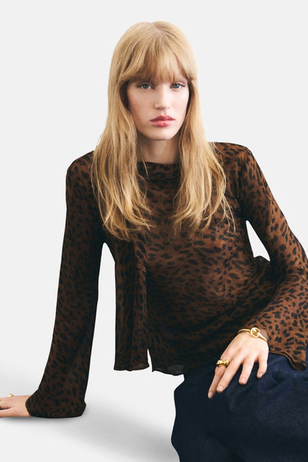 Bruine met lange mouwen in bruine dierenprint van MANGO, met uitlopende mouwen en geplooide details.