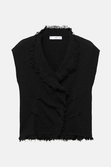 Débardeur noir de MANGO, en tissu texturé à franges, avec col tailleur croisé.