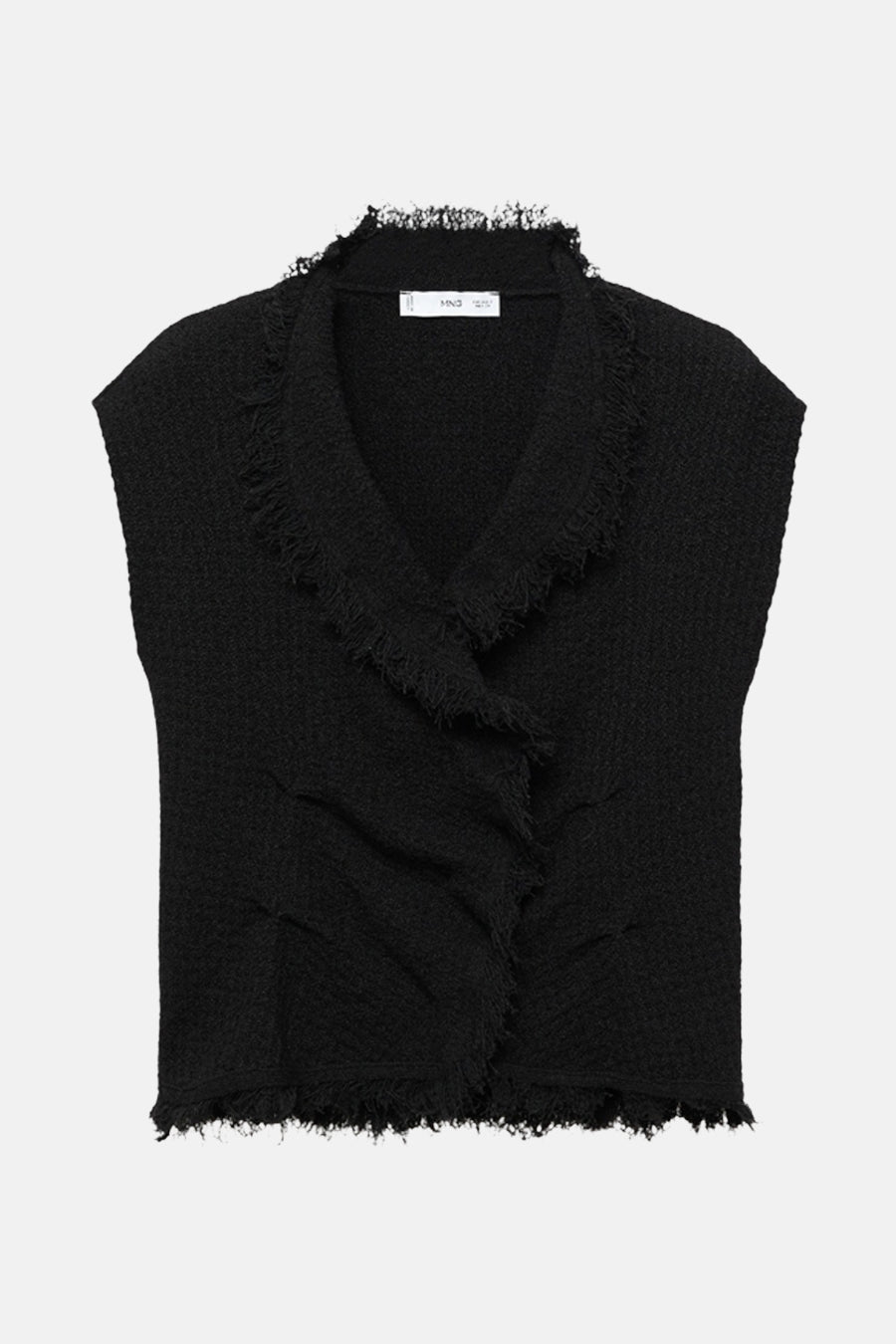 Débardeur noir de MANGO, en tissu texturé à franges, avec col tailleur croisé.