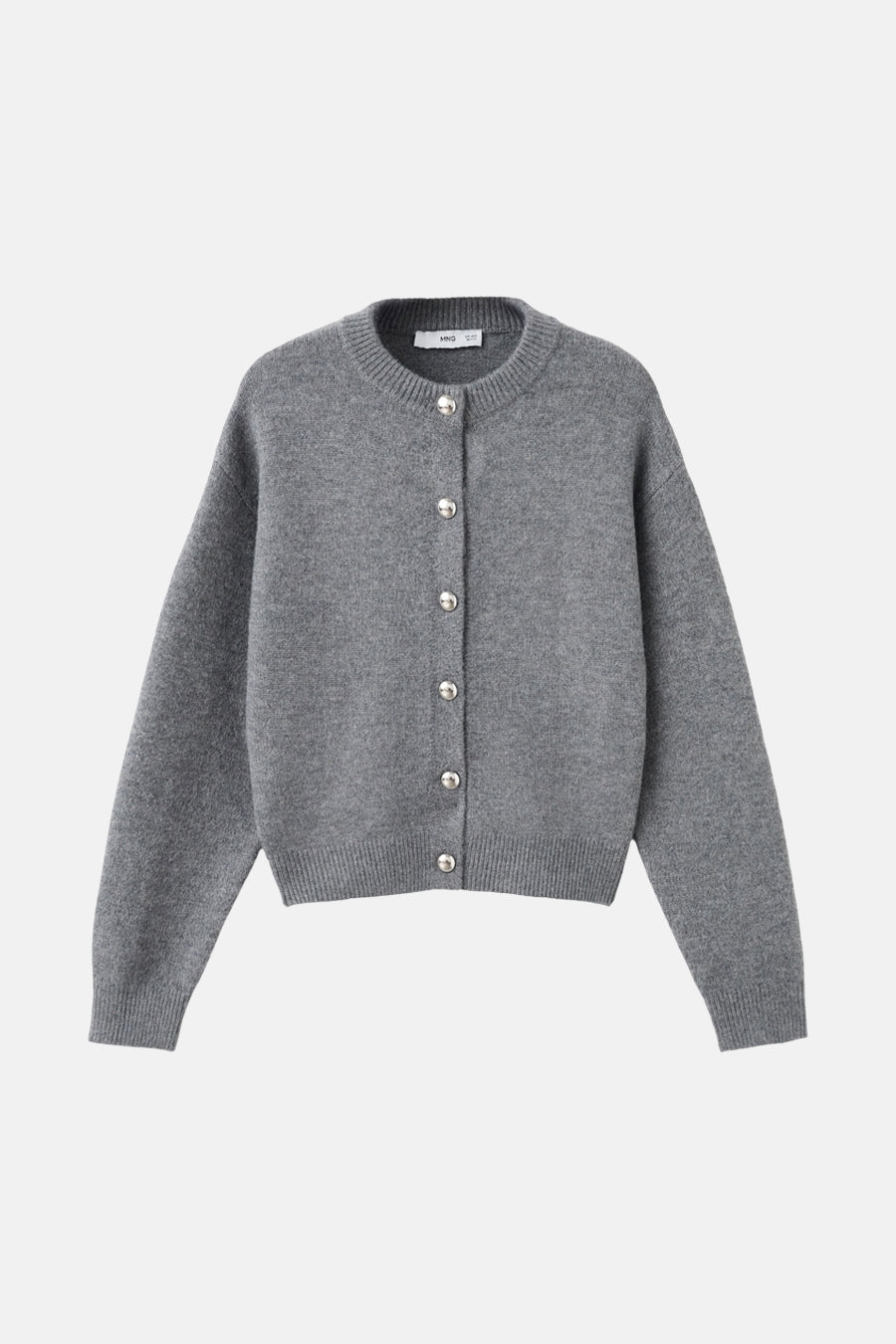 Gemêleerd grijs vest van MANGO, met een zilveren knoopsluiting op een effen achtergrond.