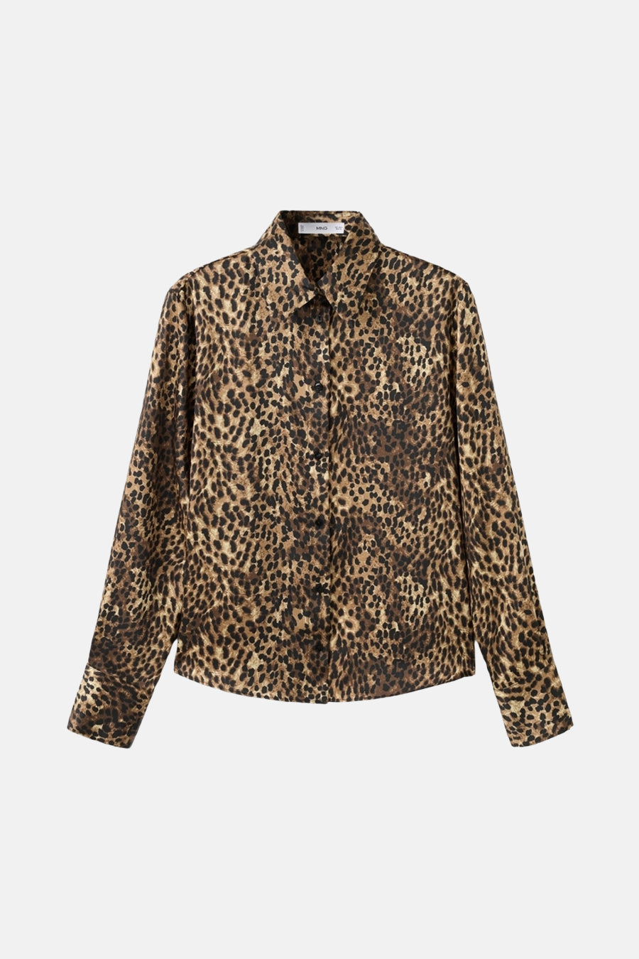 Bedrukte blouse met lange mouwen van MANGO, met bruin en zwart luipaardpatroon, met kraag en knopen.