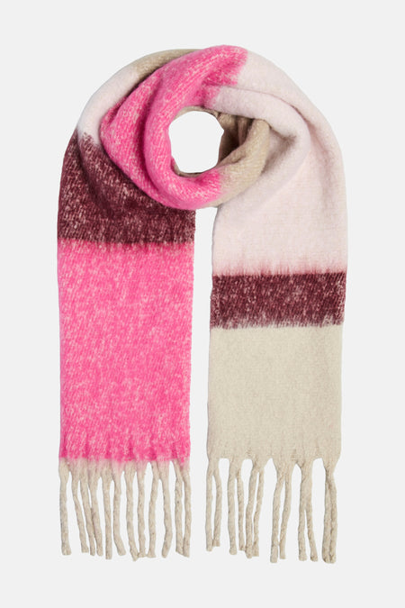 Roze en bruine gestreepte sjaal van Pieces, met decoratieve franjes.