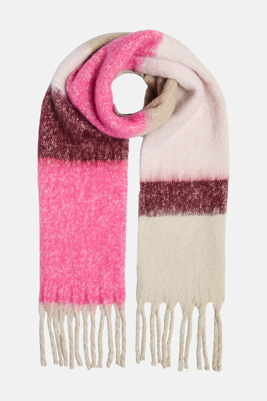 Roze en bruine gestreepte sjaal van Pieces, met decoratieve franjes.