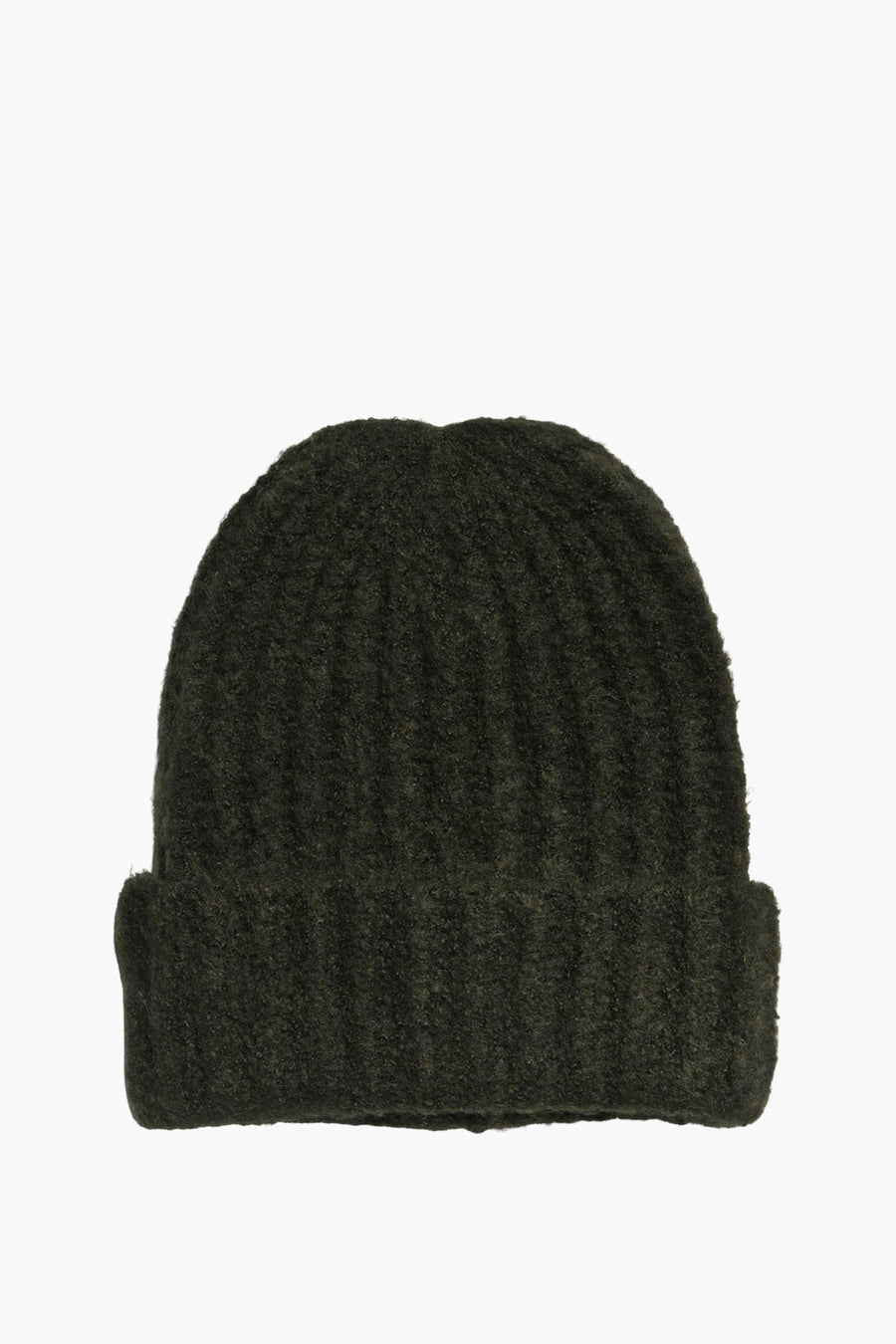 Groene muts van PIECES®, in getextureerd ribgebreid, met een omslag.