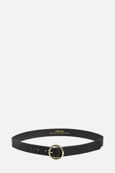 Zwarte leren riem van PIECES®, met gouden ronde gesp.