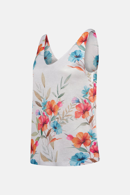 Multikleurig hemdje van Terra di Siena met oranje, blauwe en roze bloemenprint, zijaanzicht.