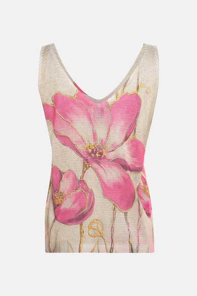 Roze tanktop van Terra di Siena met roze bloemenpatroon en gouden details op een beige achtergrond.