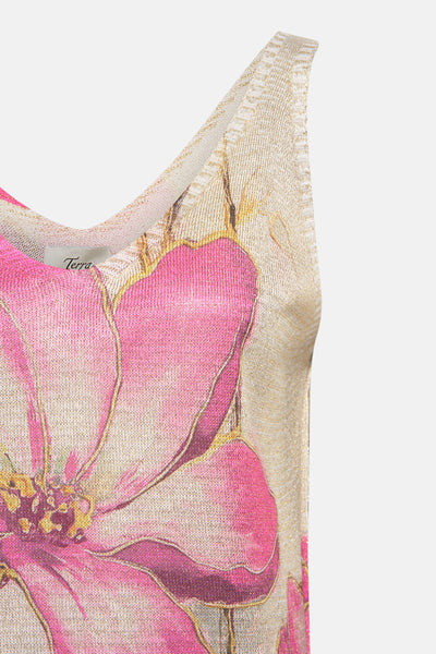 Roze trui van Terra di Siena, met roze en gouden bloemenpatroon.