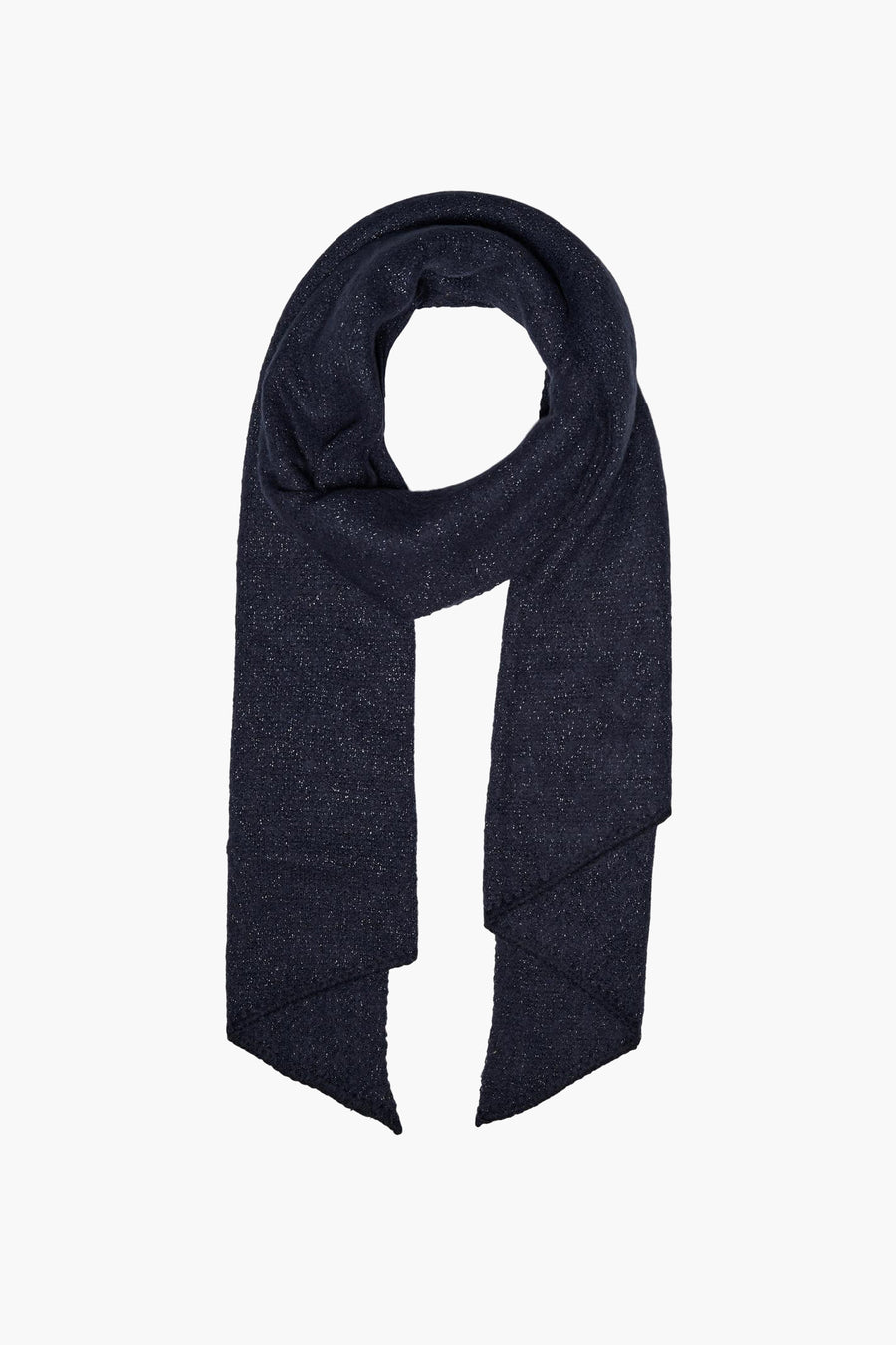 Écharpe bleu marine scintillante de PIECES®, drapée sur un fond blanc uni.
